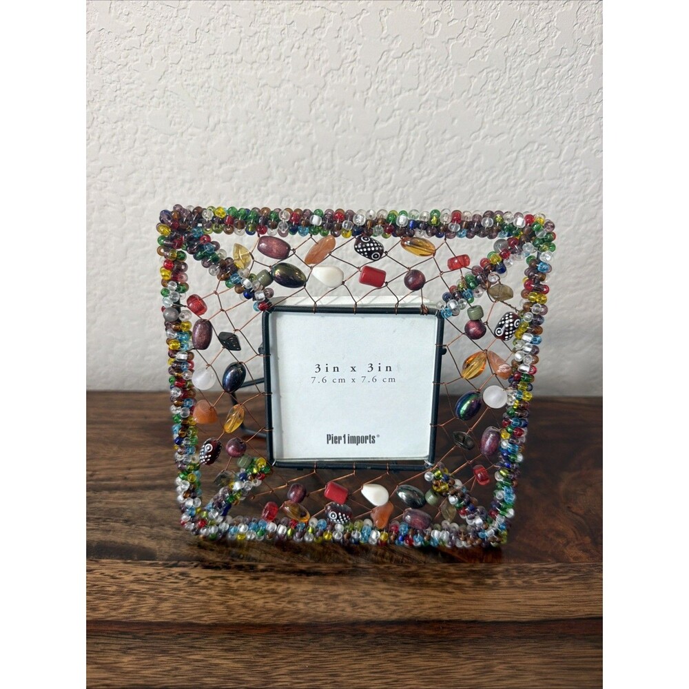 Pier 1 One Imports Picture Frame Confetti Beads Boho Decor Wire 3x3 vintage
